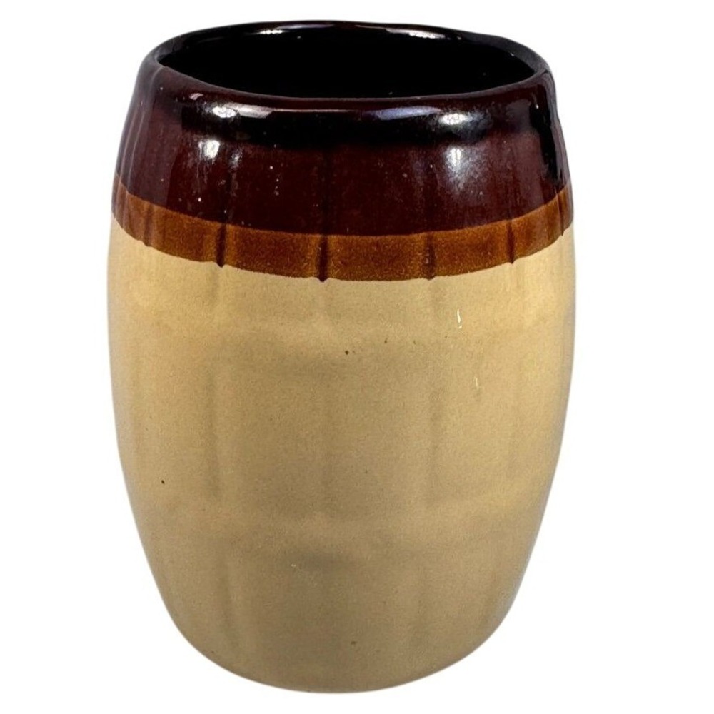 Vintage Brown Tan‎ Stoneware Crock Utensil Holder 5" Barrel Style Pot